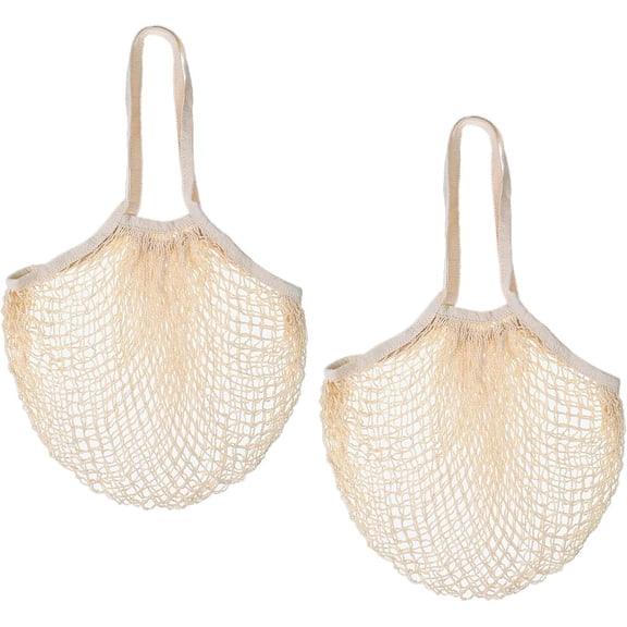 2 Pcs Reusable Mesh Grocery Bags, Mesh Produce Bags Cotton String Shopping Bag with Long Handle Washable Crochet Market Bag Portable Kitchen Tote for Fruit and Vegetable Storage (Beige)