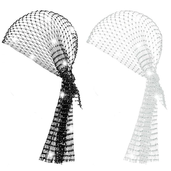2 Pcs Rhinestone Head Scarf Glitter Durag Headpiece 1920s Disco Party Favor Diamond Mesh Crystal Headpiece Stretchy Sparkly Wide Nightclub Headwrap Beanie for Women Rave Hair Accessories
