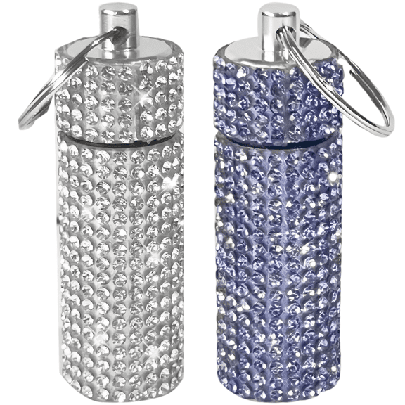 2 Pcs Rhinestone Inlaid Keychain Tablet Holder, Mini Aluminum Alloy Waterproof Capsule Container, Sealed Portable Emergency Box for Tiny Things, Small Item Storage for Outdoor Travel, 0.7 x 3.22 in