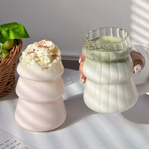 2 Pcs Ribbed Glass Cups 17Oz Vintage Drinking Glassware Aesthetic Ripple Glass Bubble Cups for Iced Coffee Juice Beverage Milk
