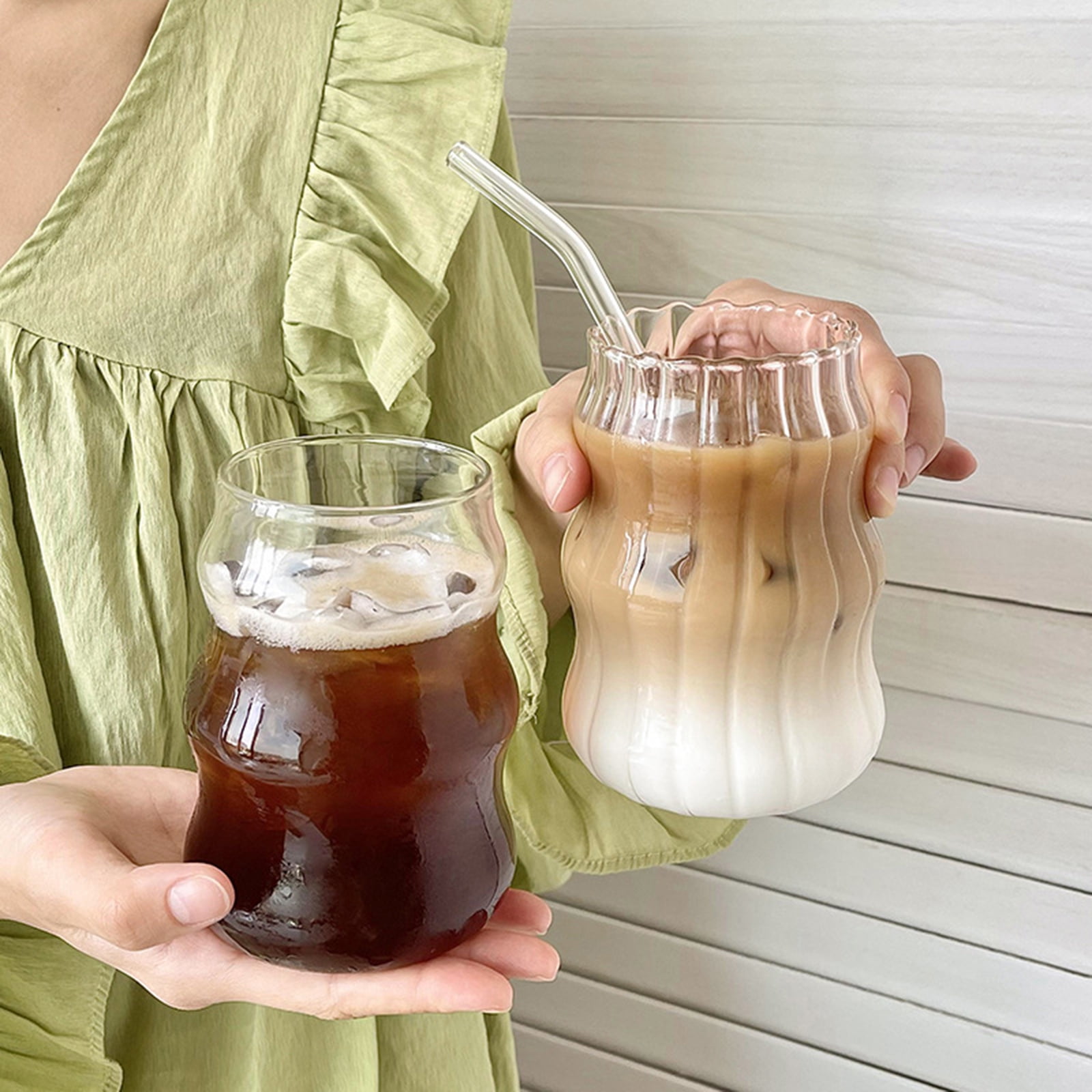 2 Pcs Ribbed Glassware,18 Oz Ripple Drinking Coffee Glasses