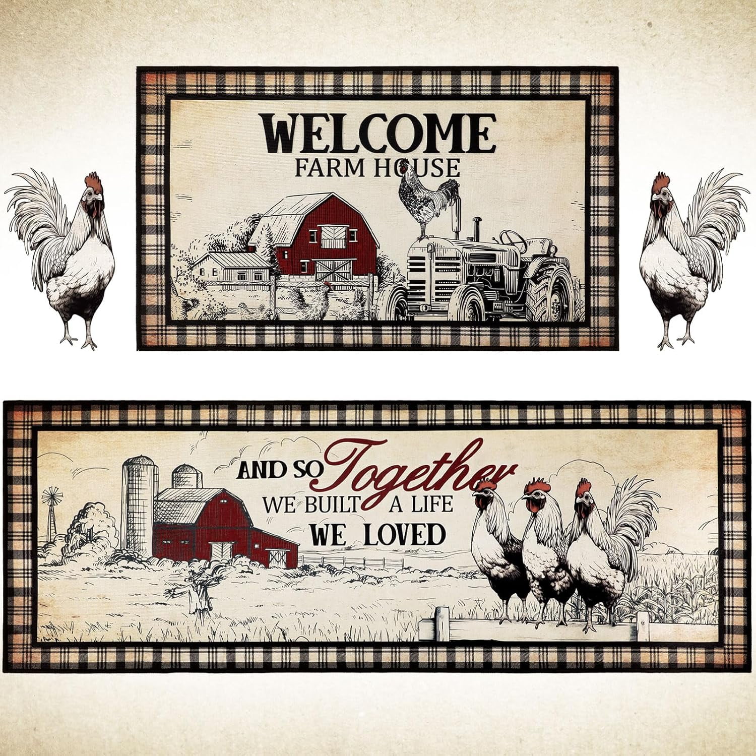 2 Pcs Rooster Kitchen Rugs Farmhouse Kitchen Decor Welcome Chicken Door ...