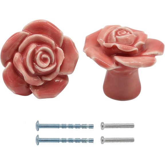 2 Pcs Rose Flower Drawer Knobs, White Ceramic Cabinet Knobs | Vintage Floral Design, 2 Type of Screws, Dresser Pull Handle, For Kitchen, Cabinet, Drawer, Dresser, Cupboard, Wardrobe Decor