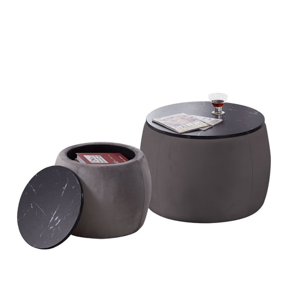 2 Pcs Round Coffee Table Footstool with Detachable Top, Wood Accent Side Table Ottoman End Table
