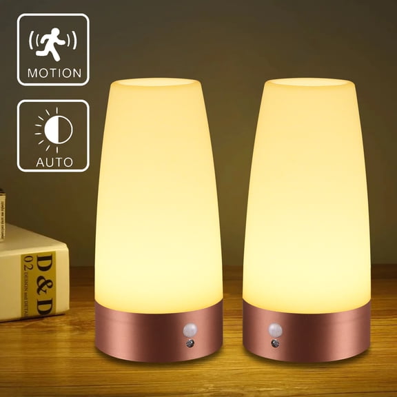 2 Pcs Round LED Motion Sensor Table Lamp, Bedside Lamp Use 3*AAA Batteries(Batteries Not Included)
