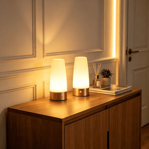 2 Pcs Round LED Motion Sensor Table Lamp, Bedside Lamp Use 3*AAA Batteries(Batteries Not Included)