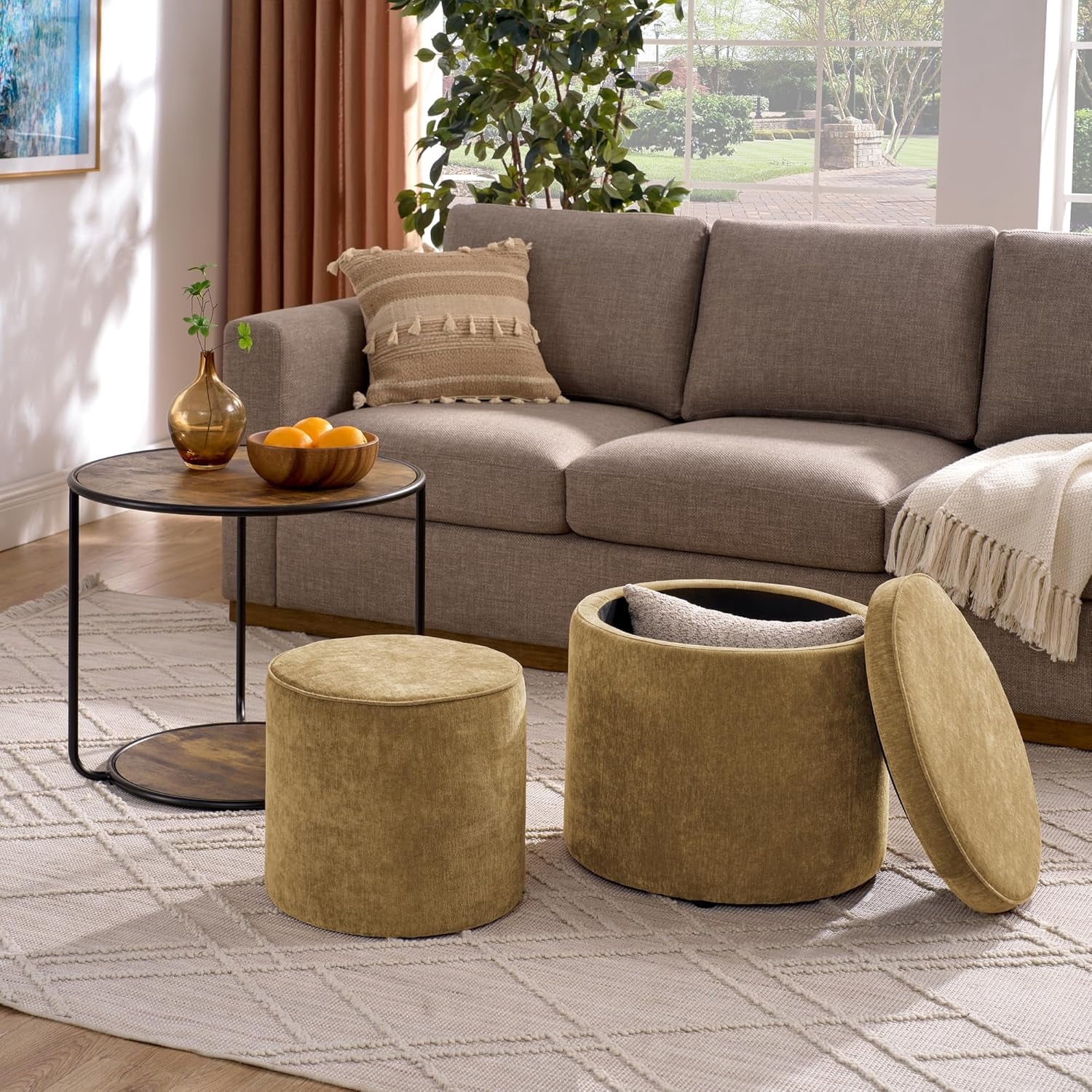 2 Pcs Round Ottoman and Coffee Table Set 3 in 1 Combination Nesting ...