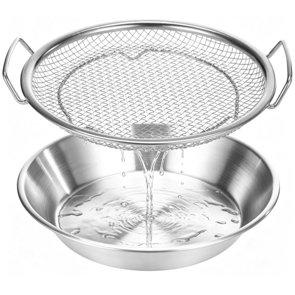 2 Pcs Round Stainless Steel Air Fryer Accessory Set, 7.1" Mesh Rack with Drip Pan, Double Handles, Multipurpose Oil Filter Tray for Cooking, Steaming, Cooling