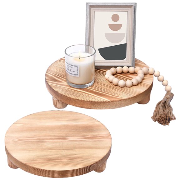 2 Pack Natural Pine Wood Riser Stands - 10” Round Display Pedestal for Plants, Candles & Organizing, Kitchen Counter & Bathroom Storage Decor