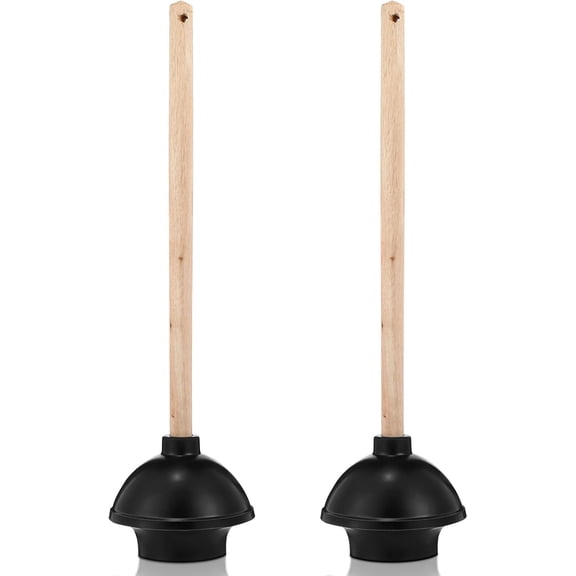2 Pcs Rubber Toilet Plunger with Double Thrust Force Suction Cup Long Wooden Handle Toilet Bowl Plunger Heavy Duty Pump Clogged Solution for Bathroom Stores Restaurants (Black)