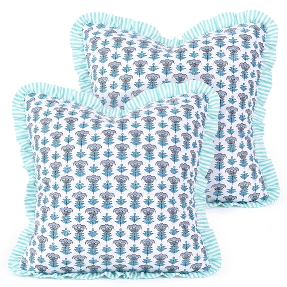 Ruffle Throw Pillow Covers 18x18" Set of 2, Decorative Floral Printed Cushion Covers for Couch Bed