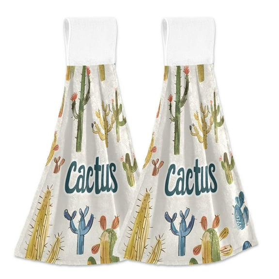 2 Pcs Rustic Style Cactus Kitchen Hand Towels with Hanging Loops Absorbent Soft Fast Drying Decor Bath Towels