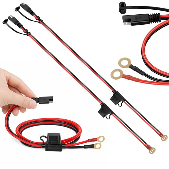 2 Pcs SAE to O Ring Terminal Cable 2ft 16AWG with 10A Fuse, Weatherproof Quick Disconnect Harness for 12V/24V Auto & Solar