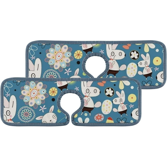 2 Pcs SKYSONIC Faucet Absorbent Mat Flower and Easter Rabbits Washable Counter Drying Pads Behind Faucet for Kitchen Bathroom