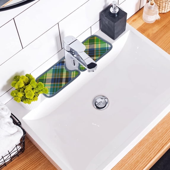2 Pcs SKYSONIC Faucet Absorbent Mat Multicolor Tartan Texture Washable Counter Drying Pads Behind Faucet for Kitchen Bathroom