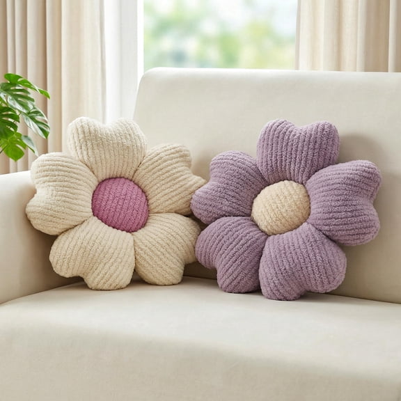 2 Pcs Sage Green Decorative Throw Pillows, 15'' Cute Daisy Flower Shaped Pillow Floor Seating Cushion for Bed Couch Bedroom Room Dorm Decor (Sage Green & Ivory)