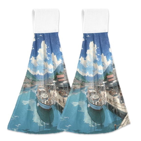 2 Pcs Sailing Boats Docked in Town Kitchen Hand Towels with Hanging Loops Absorbent Soft Fast Drying Decor Bath Towels