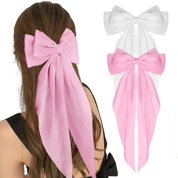 2 Pcs Satin Hair Barrettes Clip for Women & Gilrls MODANU Large Bow Hair Slides Metal Clips French Barrette Bowknot with Long Tail Silk Hair Bow Hairpin 90's Hair Accessories (Pink+White)