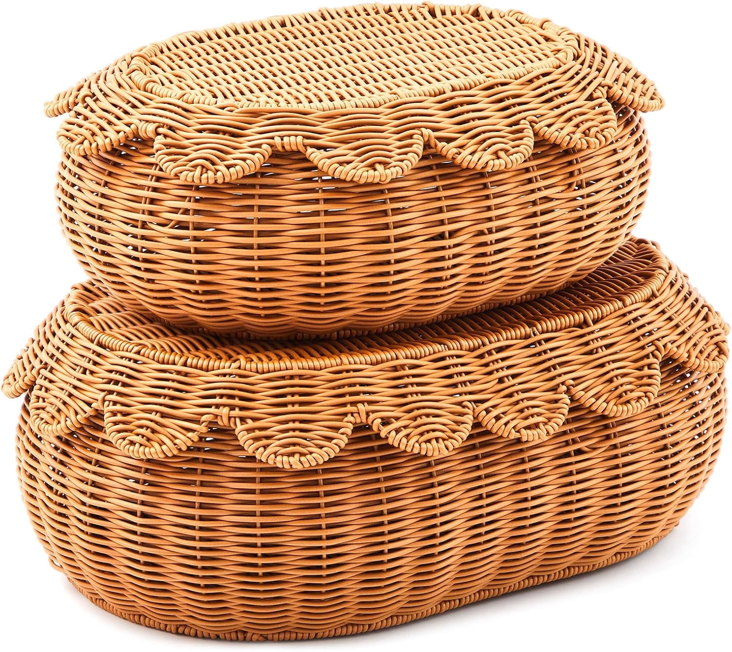 2 Pcs Scalloped Hand Woven Rattan Picnic Basket, Wicker Storage Baskets ...
