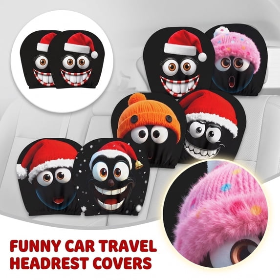 2 Pcs, Scary Headrest Covers for Cars, Halloween Car Decor, Playful Cartoon Silly Face Holiday Themed Car Headrest Slipcovers, Funny Cartoon Car Headrest Covers, Stretchy Printed