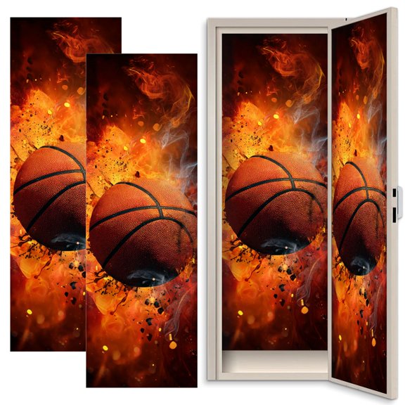 2 Pcs School Locker Magnetic Wallpaper 12" x 36" Basketball Fire Explosive Flames Dynamic Abstract Sports Energy Reusable Removable Locker Accessories Back to School Supplies