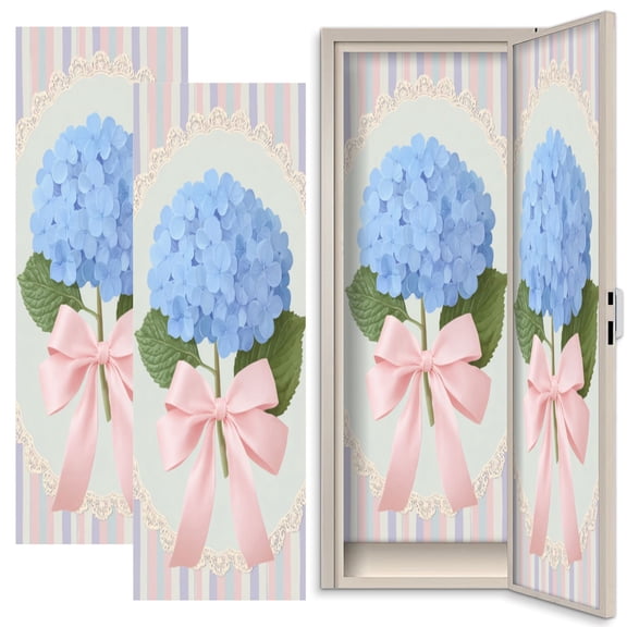 2 Pcs School Locker Magnetic Wallpaper 12" x 36" Blue Hydrangea Flower Pink Ribbon Pastel Striped Reusable Removable Locker Accessories Back to School Supplies