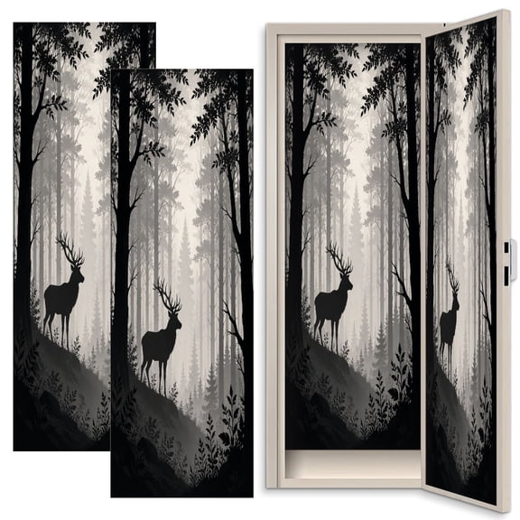2 Pcs School Locker Magnetic Wallpaper 12" x 36" Deer antlers posing forest silhouettes trees Magical misty Reusable Removable Locker Accessories Back to School Supplies