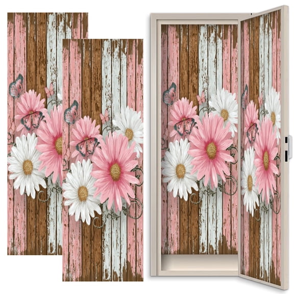 2 Pcs School Locker Magnetic Wallpaper 12" x 36" Rustic Floral Pink White Daisies Butterflies Distressed Wooden Reusable Removable Locker Accessories Back to School Supplies