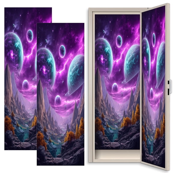 2 Pcs School Locker Magnetic Wallpaper for Boys 12" x 36" Surreal Cosmic Landscape Floating Planets Electric Storms Mountains Reusable Removable Locker Accessories Back to School Supplies