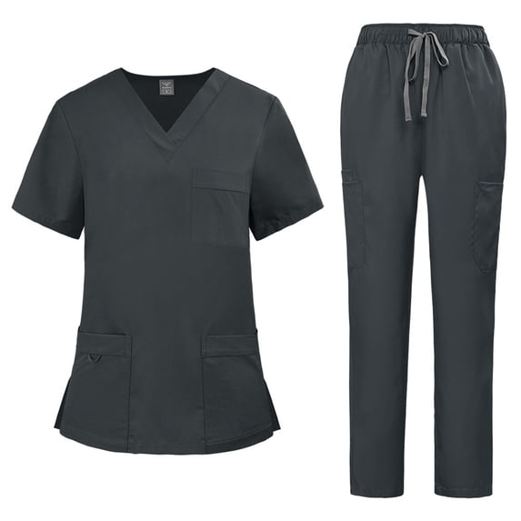 2 Pcs Scrubs Sets for Women Stretch Wide Leg Pants & V-Neck Short Sleeve Tops Plus Size Medical Scrub Sets Gray M