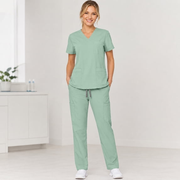 2 Pcs Scrubs Sets for Women Stretch Wide Leg Pants & V-Neck Short Sleeve Tops Plus Size Medical Scrub Sets, M