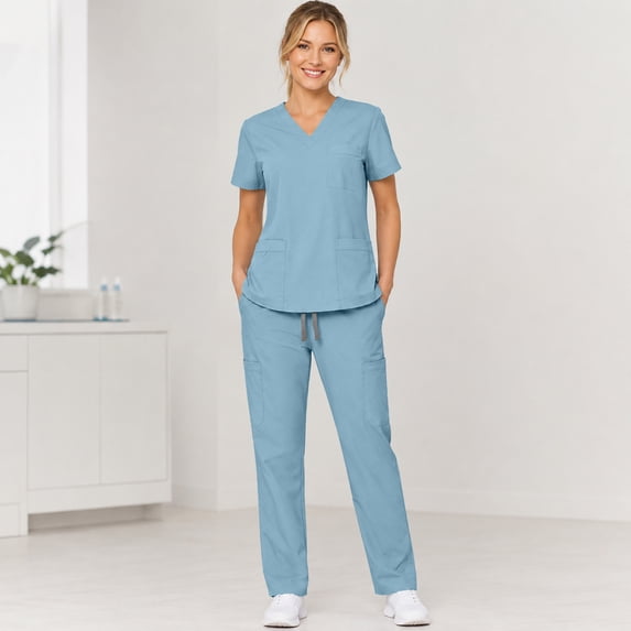 2 Pcs Scrubs Sets for Women Stretch Wide Leg Pants & V-Neck Short Sleeve Tops Plus Size Medical Scrub Sets, S