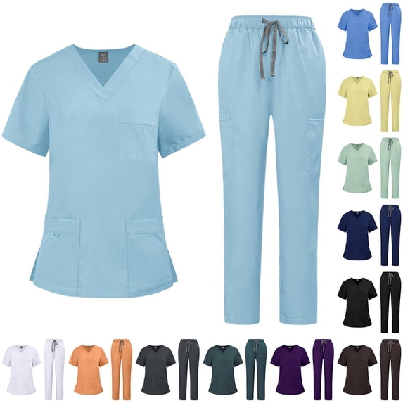 2 Pcs Scrubs Sets for Women Stretch Wide Leg Pants & V-Neck Short Sleeve Tops Plus Size Medical Scrub Sets Sky Blue 2XL