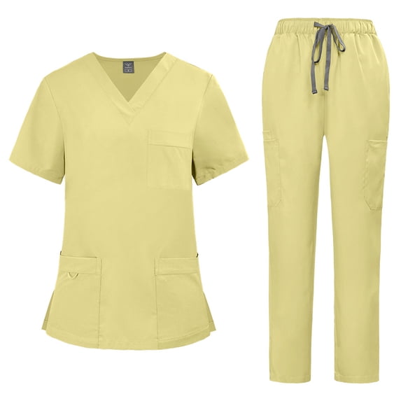 2 Pcs Scrubs Sets for Women Stretch Wide Leg Pants & V-Neck Short Sleeve Tops Plus Size Medical Scrub Sets Yellow M