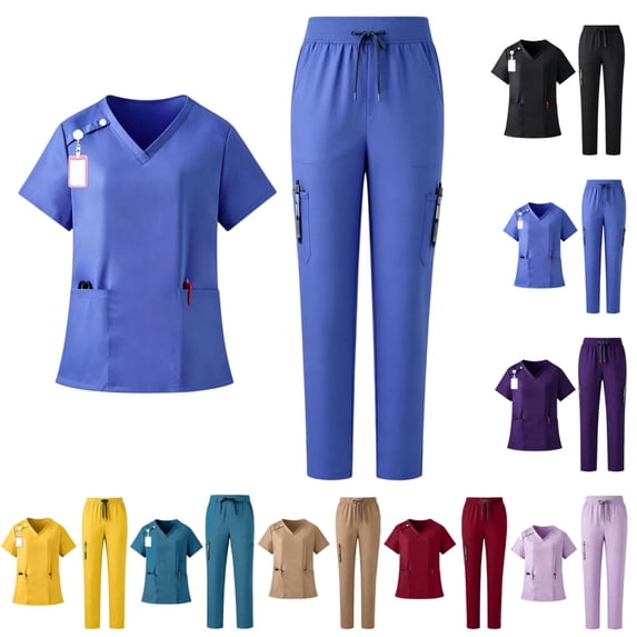 2 Pcs Scrubs Sets for Women Stretch Wide Leg Pants & V-Neck Short Sleeve Tops Plus Size Scrub Sets Blue S