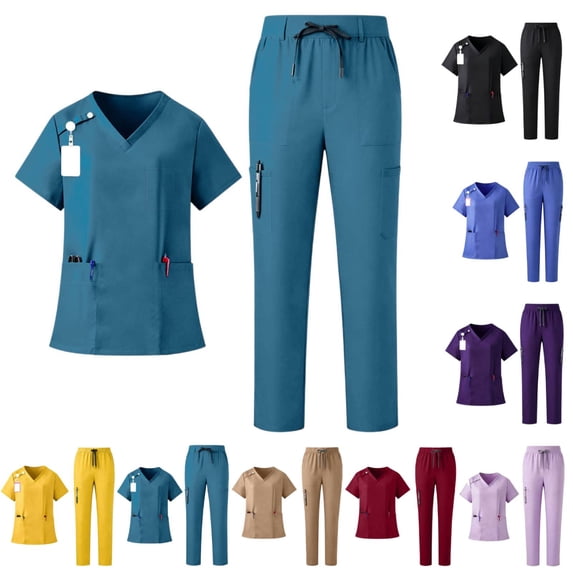 2 Pcs Scrubs Sets for Women Stretch Wide Leg Pants & V-Neck Short Sleeve Tops Plus Size Scrub Sets Royal Blue L
