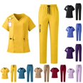 thumbnail image 1 of 2 Pcs Scrubs Sets for Women Stretch Wide Leg Pants & V-Neck Short Sleeve Tops Plus Size Scrub Sets Yellow S, 1 of 3