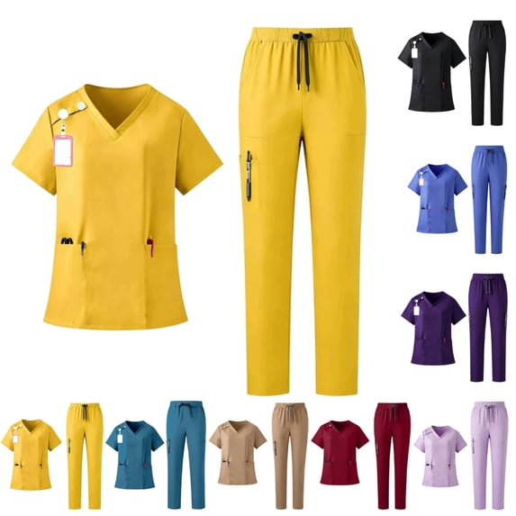 2 Pcs Scrubs Sets for Women Stretch Wide Leg Pants & V-Neck Short Sleeve Tops Plus Size Scrub Sets Yellow S