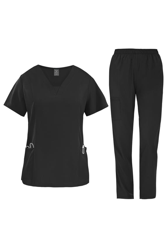 2 Pcs Scrubs for Women Set Medical Uniform, V-Neck Top & Wide Leg Pants with Pockets, Quick Dry Workwear Black L