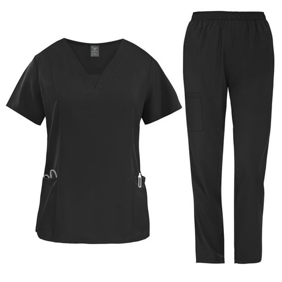 2 Pcs Scrubs for Women Set Medical Uniform, V-Neck Top & Wide Leg Pants with Pockets, Quick Dry Workwear Black M