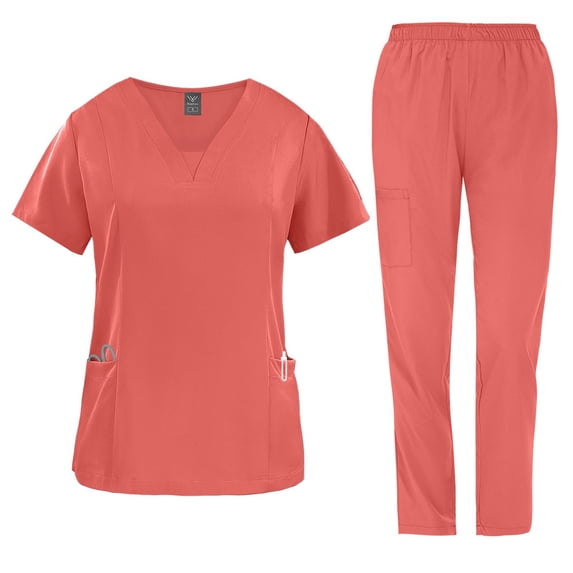 2 Pcs Scrubs for Women Set Medical Uniform, V-Neck Top & Wide Leg Pants with Pockets, Quick Dry Workwear Red S