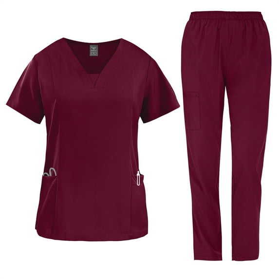 2 Pcs Scrubs for Women Set Medical Uniform, V-Neck Top & Wide Leg Pants with Pockets, Quick Dry Workwear Wine S
