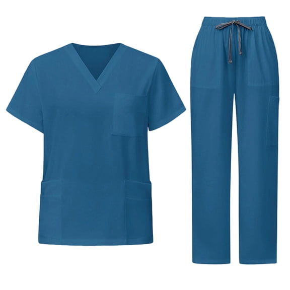2 Pcs Scrubs for Women Set Plus Size Stretchy Medical Uniformes Scrubs Set Solid V Neck Tops & Wide Leg Cargo Pants 2025 Blue XXL