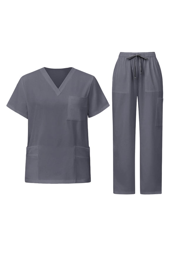2 Pcs Scrubs for Women Set Plus Size Stretchy Medical Uniformes Scrubs Set Solid V Neck Tops & Wide Leg Cargo Pants 2025 Gray S