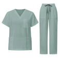thumbnail image 1 of 2 Pcs Scrubs for Women Set Plus Size Stretchy Medical Uniformes Scrubs Set Solid V Neck Tops & Wide Leg Cargo Pants 2025 Mint Green S, 1 of 3