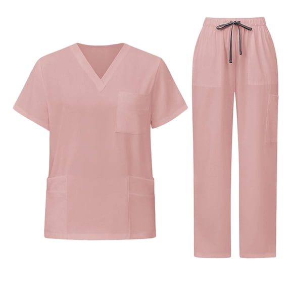 2 Pcs Scrubs for Women Set Plus Size Stretchy Medical Uniformes Scrubs Set Solid V Neck Tops & Wide Leg Cargo Pants 2025 Pink XL
