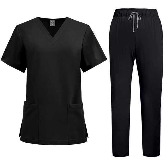 2 Pcs Scrubs for Women Set Plus Size Stretchy Nurses Uniformes Scrubs Set Solid V Neck Tops & Wide Leg Cargo Pants Black L
