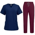 thumbnail image 1 of 2 Pcs Scrubs for Women Set Plus Size Stretchy Nurses Uniformes Scrubs Set Solid V Neck Tops & Wide Leg Cargo Pants Deep Red M, 1 of 1