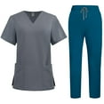 thumbnail image 1 of 2 Pcs Scrubs for Women Set Plus Size Stretchy Nurses Uniformes Scrubs Set Solid V Neck Tops & Wide Leg Cargo Pants Light Gray L, 1 of 1