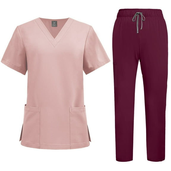 2 Pcs Scrubs for Women Set Plus Size Stretchy Nurses Uniformes Scrubs Set Solid V Neck Tops & Wide Leg Cargo Pants Watermelon Red XXL